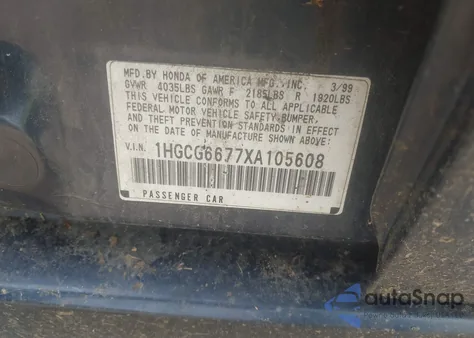 1999 Honda Accord Ex from USA, damaged, VIN 1HGCG6677XA105608